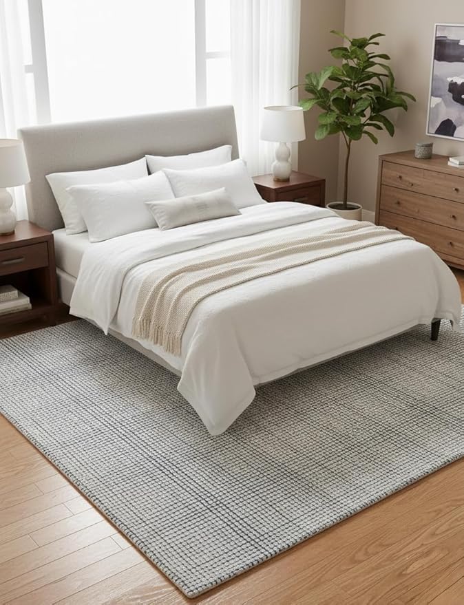 Hand-Tufted 100% Wool Pile Area Rug – Geometric Textured Grid Check Pattern – Thick and Durable Floor Carpet for Bedroom, Living Room, Kids Room, and Dining Area (Indigo Blue, 10' x 12')