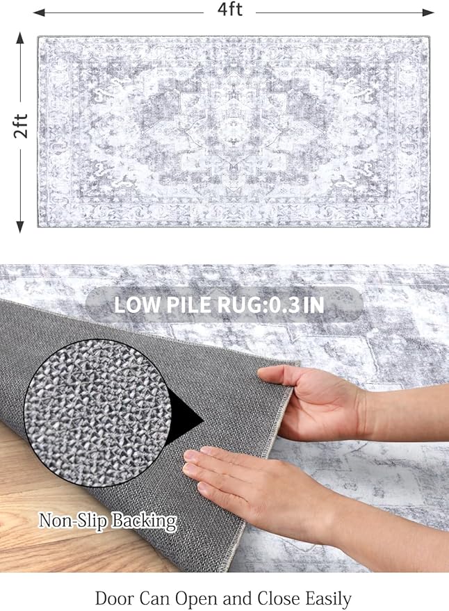 COMSLE Washable Door Mat, Front Door Mat Indoor Faux Wool Absorbent Small Rugs for Entryway Distressed Throw Rug Non-Slip Accent Floor Carpet for Entrance Bedroom, 24X48 Inches Gray