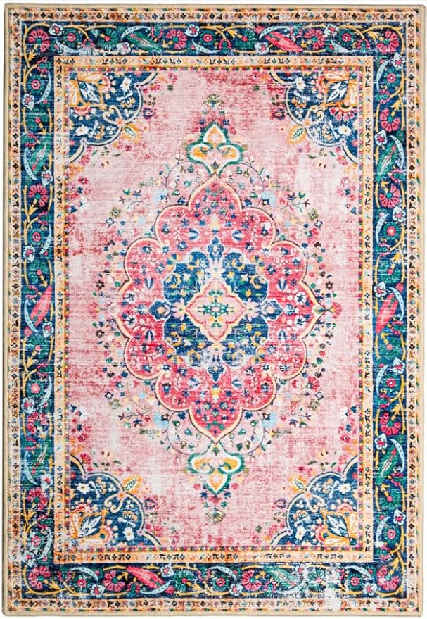 Small Area Rug 2x3 Pink Boho Bathroom Rug for Entryway Kitchen Blush Thin Foldable Vintage Throw Rug Low Pile Non Slip Washable Indoor Carpet