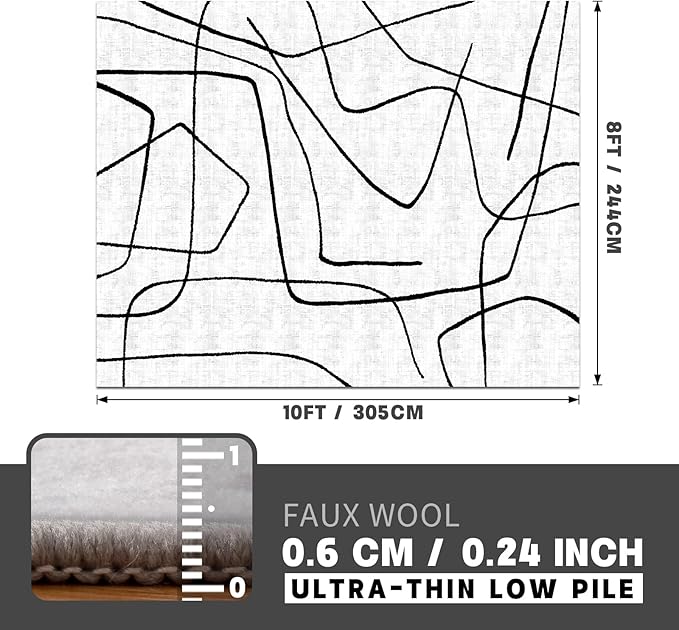 YIHOUSE Modern Washable 8'x10' Area Rug for Living Room Bedroom - Large Abstract Black and White Rug Non-Slip Ultra-Thin Home Decor,Abstract,8x10ft
