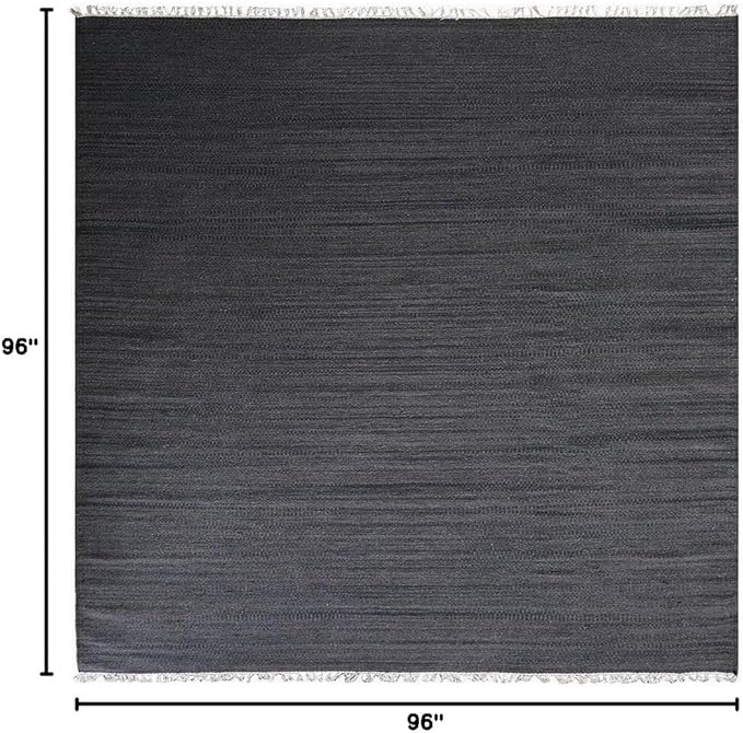 Rugsotic Carpets Hand Woven Flat Weave Kilim Wool ECO-Friendly Area Rugs - 8'x8', Square Shape, Charcoal Color, Solid Plain Design, Low Pile Handmade Area Rugs for Living Room, Bed Room (D00111)