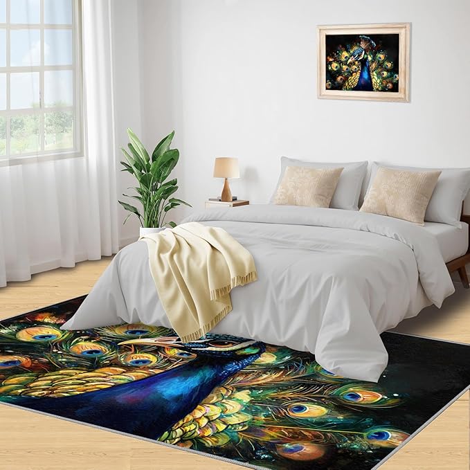 Peacock Rugs for Bedroom - 6x8 Area Rug - 3D Peacock Rugs for Living Room, Abstract Watercolor Animal Rug, Non-Slip Washable Home Decor Carpet
