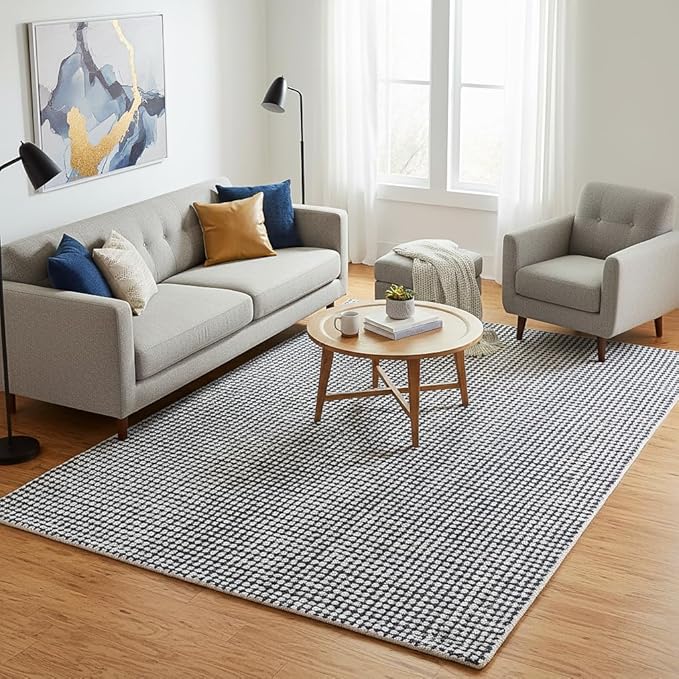 Hand-Tufted 100% Wool Pile Area Rug – Geometric Textured Grid Check Pattern – Thick and Durable Floor Carpet for Bedroom, Living Room, Kids Room, and Dining Area (Charcoal Gray, 10' x 14')