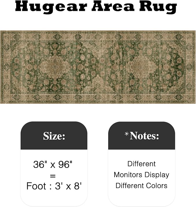 HUGEAR 3x10 Runner Rug Hallway Machine Washable Retro Green Vintage Floral Low Pile Carpet Distressed Long Throw Rug Bedroom Office Bathroom Kitchen Laundry Non Slip Soft Lightweight