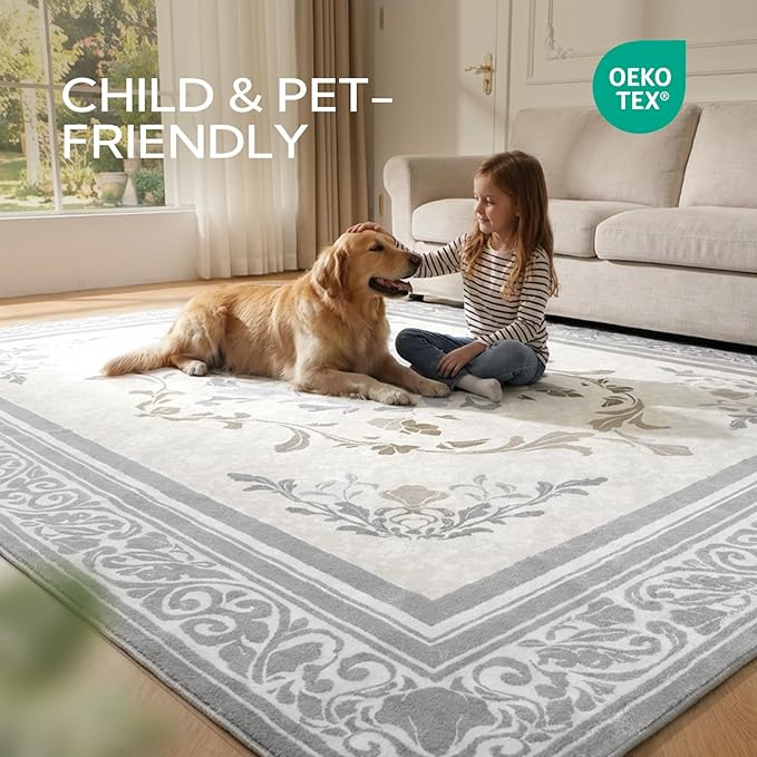 SOULFUL Medium Pile 4x6 Rugs for Living Room - Cozy Soft Underfoot Area Rug - Light Taupe Boho Floral - Washable Non-Slip - Perfect for Bedroom Kids Room Under Dining Table Office