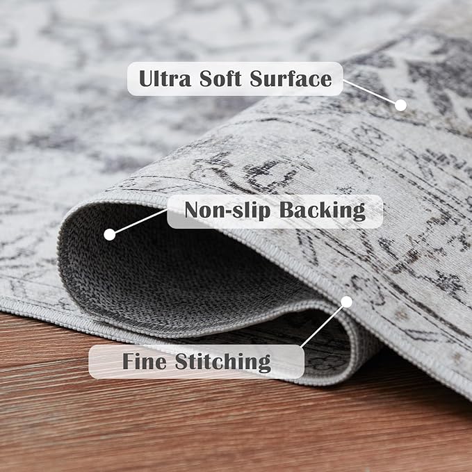 jinchan Kelda Area Rug 5x7 Washable Bedroom Rug Vintage Indoor Floor Cover Distressed Lightweight Non-Slip Low Pile Thin Mat Accent Stain Resistant Carpet for Living Room Dining Room Office Grey