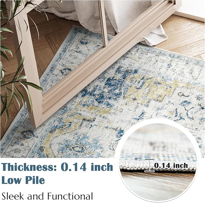 jinchan Area Rug 8x10 Washable Living Room Rug Vintage Indoor Large Floor Cover Distressed Lightweight Non-Slip Low Pile Thin Mat Stain Resistant Carpet for Bedroom Dining Room Office Light Blue