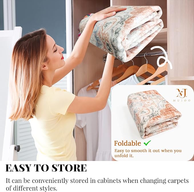 MUJOO Hallway Runner Rug Machine Washable 2'x6 ' Non Slip Boho Runner Rugs for Hallways Entryway Kitchen Bathroom Bedside Retro Soft Low-Pile Orange Navy Blue Flowers