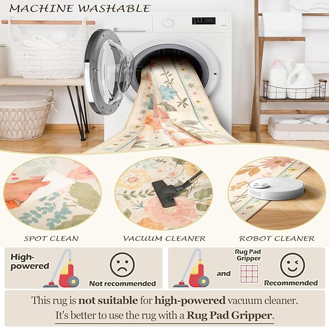 Floral 2x6 Area Rug Machine Washable Soft Print Boho Carpet Non Slip Doormat Low Pile Flower Area Rugs for Living Room Bedroom Nursery Kitchen Dining Room Indoor-Beige/White/Orange