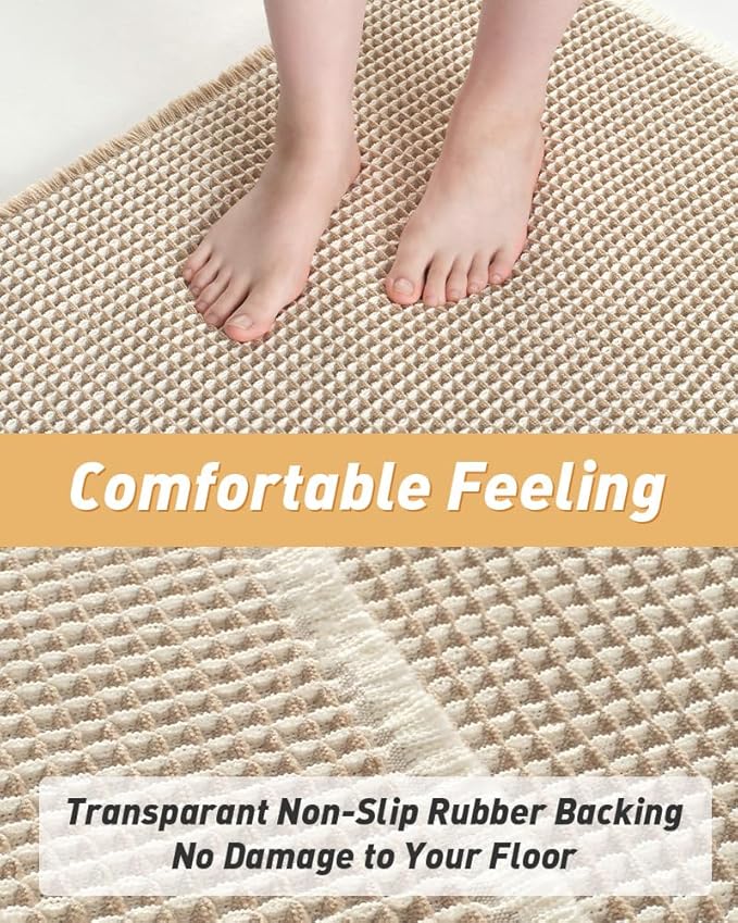 AMOAMI Upgraded Waffle Runner Rug Super Absorbent Non Slip Bath Mats for Bathroom Machine Washable Bathroom Runner Rug with Tassels, Ideal for Hallway Bedroom Laundry Room, 2' x 6', Brown & Cream