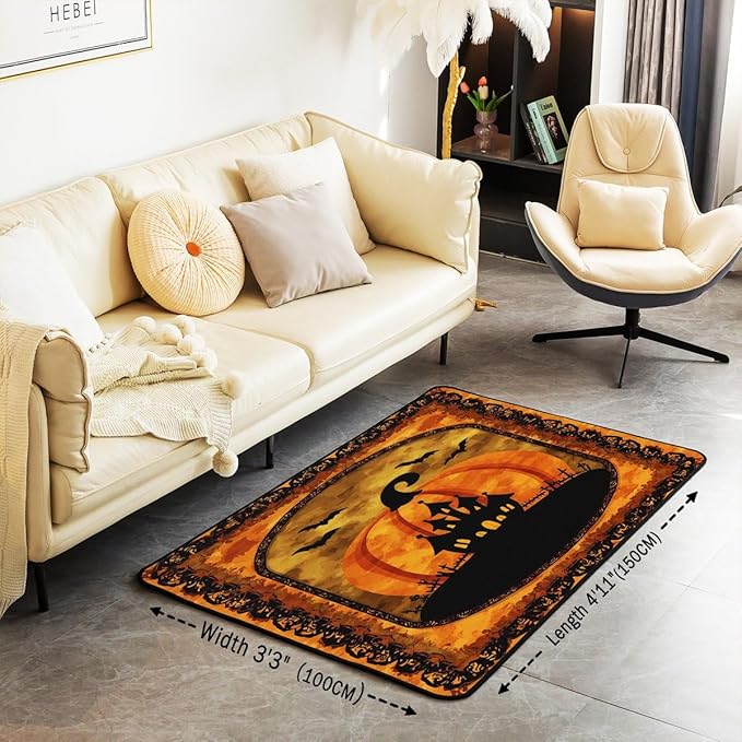 Halloween Pumpkin 3 x 5 Area Rug Spooky Haunted House Rugs for Living Room | Vintage Gothic Washable Rug, Castle Silhouette Carpet Indoor Floor Mat,Bats Halloween Decoration