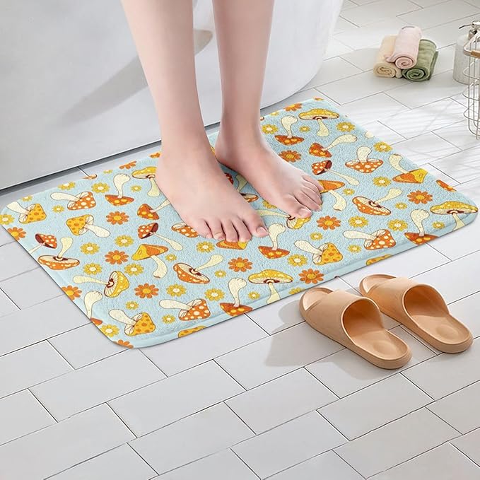 Erosebridal Hippie Mushroom Bath Rugs Kids Cute Groovy Floral Bathroom Mats Boho Retro 70s Theme Decor Bath Carpets 20x32 Bohemian Kawaii Floor Mats Girls Flower Bathroom Rugs