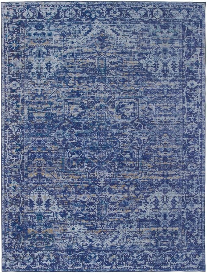 ReaLife Rugs Machine Washable Area Rug - Living Room Bedroom Bathroom Kitchen Entryway Office - Padded Low Pile Stain Resistant Premium - Boho Vintage Traditional - Lyle - Blue 5' x 7'
