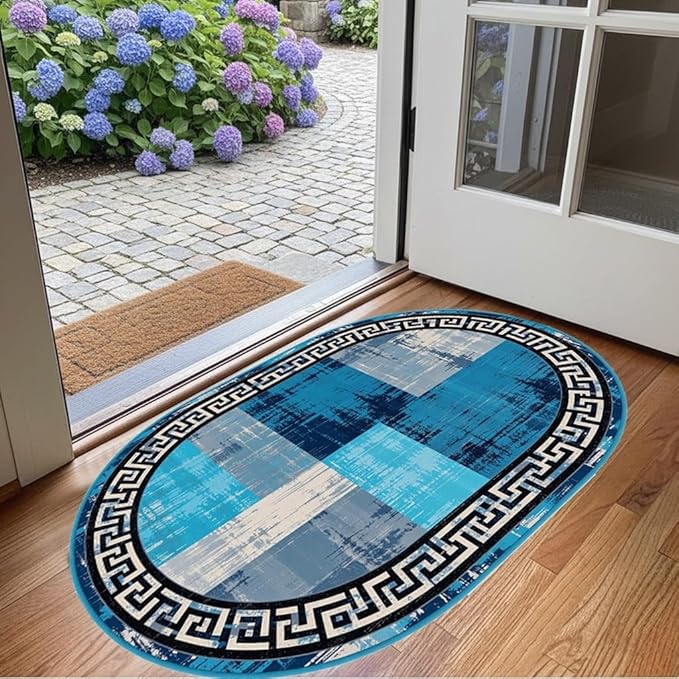 Blue Grey Black Greek Key Pattern Bordered Design Large Carpet for Living Room Bedroom Dining Room Soft Non Slip Low Pile Area Rug 12x15 Farmhouse Doormats Vintage Distressed Home Office Oval Rugs