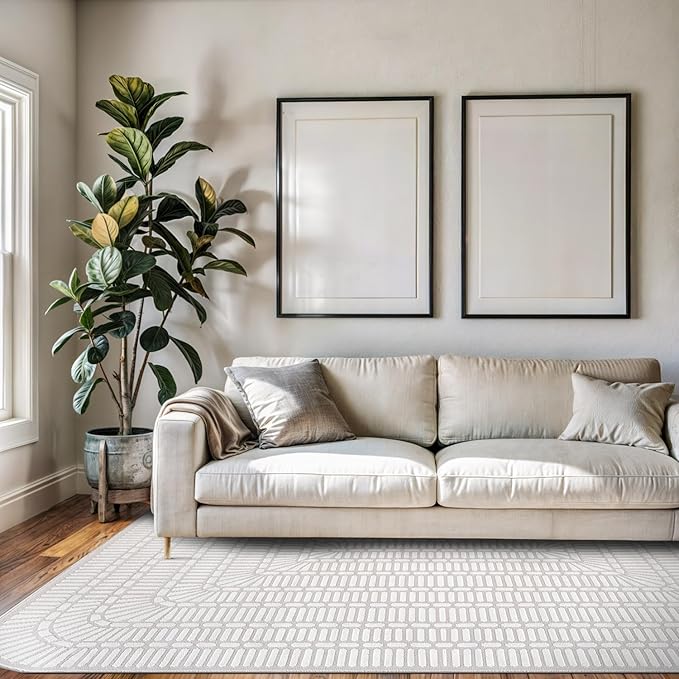 Beverly Rug Modern Geometric Area Rug 8x10 Low-High Pile Durable Soft Abstract Grid Indoor Rugs for Living Dining Room Office Stain Resistant Non Shedding Casual Indoor Carpet Beige White 8 x 10