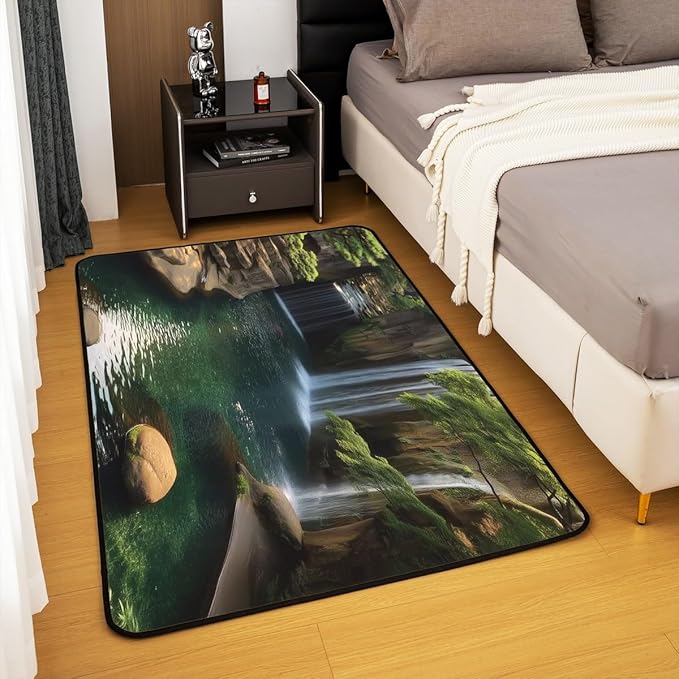 Waterfall 3 x 5 Area Rug Lake Cascade Scenery Rugs for Living Room | Chic Nature Art Mountain Rock Washable Rug, Sault Landscape Carpet Indoor Floor Mat