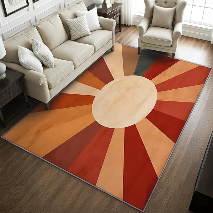 70s Rugs for Living Room -Retro Sun Rug, 3x4 ft, Mid Century Sun Area Rugs for Bedroom, Red and Orange Washable Carpet for Entryway, Kitchen, Boho Retro 70s Home Decor & Gifts