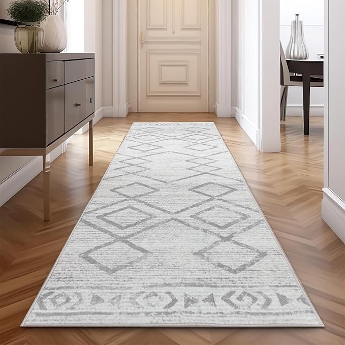 jinchan Hallway Runner Rug 2x10 - Moroccan Kitchen Machine Washable Runner Rug Modern Geometric Soft Faux Wool Ultra-Thin Low-Pile Non-Slip Carpet for Laundry Room Bedroom Farmhouse (2x10ft, Grey)
