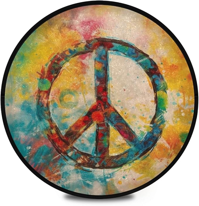 Boho-Style Peace Sign Round Rug Soft, Washable, Non-Slip for Home Decor. Ideal for Bedroom, Entryway, Living Room. Indoor/Outdoor Use.