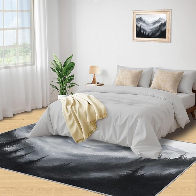 Misty Forest Rugs for Bedroom - 3x5 Area Rug - Modern Black White Art Rugs for Living Room, Natural Landscape Rug, Washable Home Decor Carpet