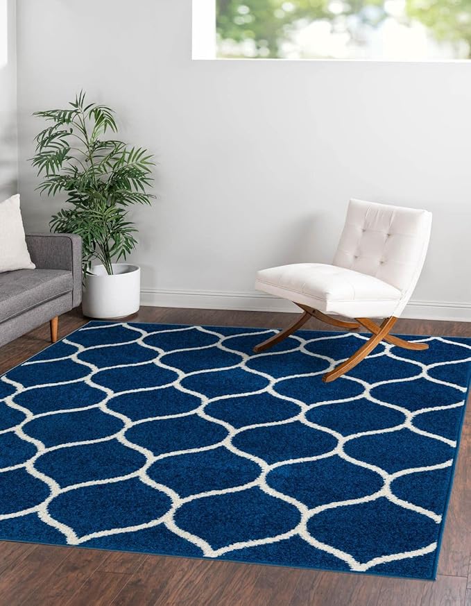 Rugs.com Lattice Frieze Collection Rug – 5' Square Navy Blue Medium Rug Perfect for Living Rooms, Kitchens, Entryways