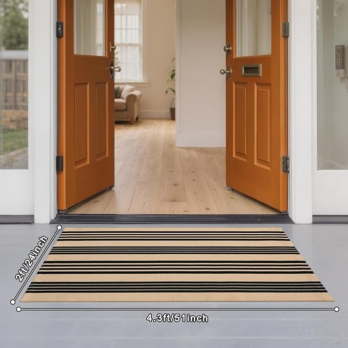 Striped Outdoor Front Door Mat 24"x51", Cotton Hand Woven Washable Black and Khaki Rug Runner, Reversible Foldable Indoor Layered Front Door Rugs for Entryway/Farmhouse/Home Entrance