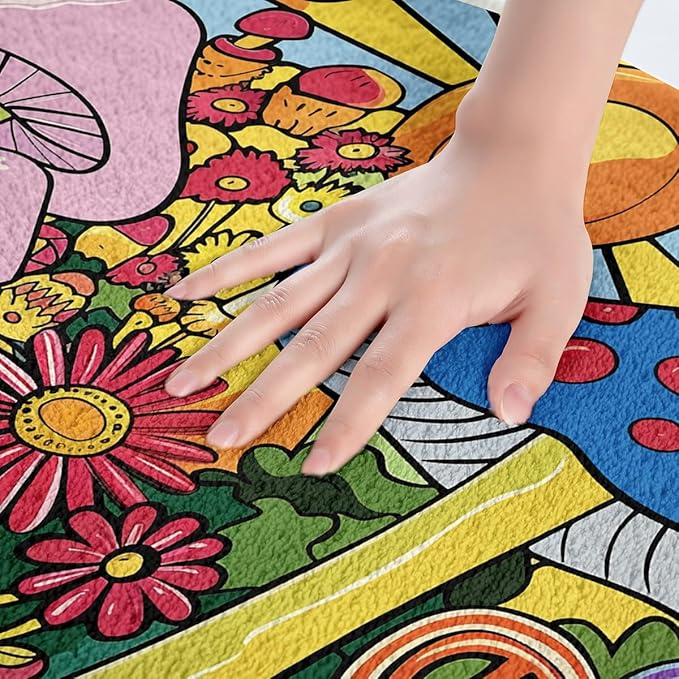 Kawaii Mushroom Bathroom Rugs Boho Sun Bath Mat Hippie Groovy Floral Non Slip Bath Rugs 60s 70s Retro Vintage Theme Fluffy Plush Rugs 16x24 Chic Daisy Flower Shower Carpet Geometric Striped Decor
