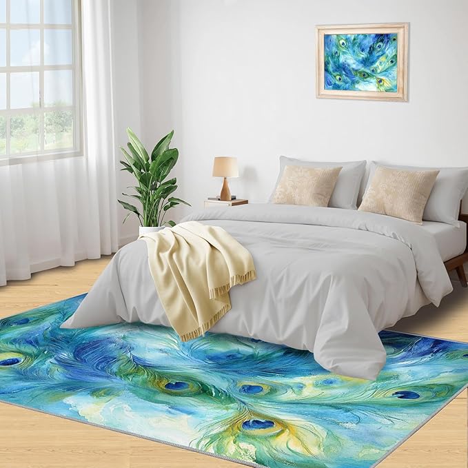 Peacock Feather Rug 5x8-5x8 Rug, Teal Turquoise Area Rugs for Bedroom, Malachite Green Feather Rugs for Living Room, Peafowl Washable Mat, Peacock Feather Carpet - Peafowl Home Decor & Gifts