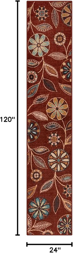 Maples Rugs Reggie Floral Runner Rug - Made in USA - Washable, Non Slip Indoor Carpet for Kitchen, Hallway, and Laundry Room, 2' x 10', Merlot