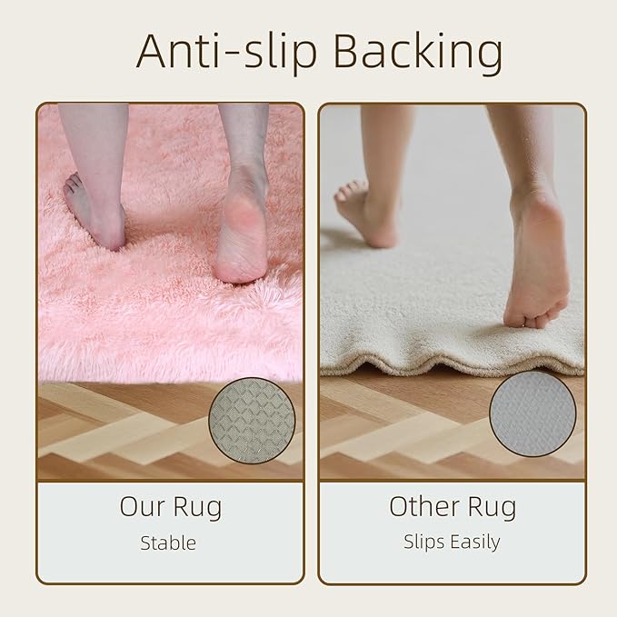 4x4 Round Solid Fluffy Pink Area Rug – Washable, Durable, Circle Bedroom Rug, Non-Slip High Pile Shag Rugs for Living Room, Bedside, Dorms, Grils Rooms, Kids Room, Soft Indoor Floor Carpet