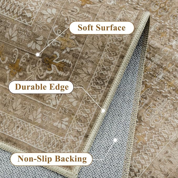 Brown 8x10 Area Rug for Living Room Washable Vintage Distressed Large Carpet Bedroom Low Pile Non Slip Indoor Soft Retro Throw Accent Rug Office Kitchen Bathroom Dining Room