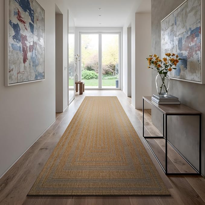 Beverly Rug Easy Jute Framed Border Runner Rug 2x7 Washable Durable Indoor Outdoor Area Rugs for Living Room Patio Office Stain Resistant Non Shedding Casual Indoor Outside Carpet 2 x 7 Natural