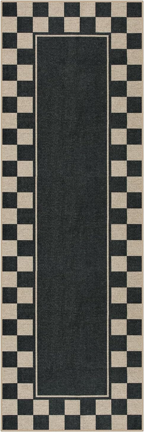 Moynesa Easy Jute Runner Rugs Washable 2x6 Entryway Runners Rug for Kitchen Black Checkered Carpet for Indoor Outdoor Non Slip Mat for Hallways Bathroom Bedroom Laundry Living Room Corridor