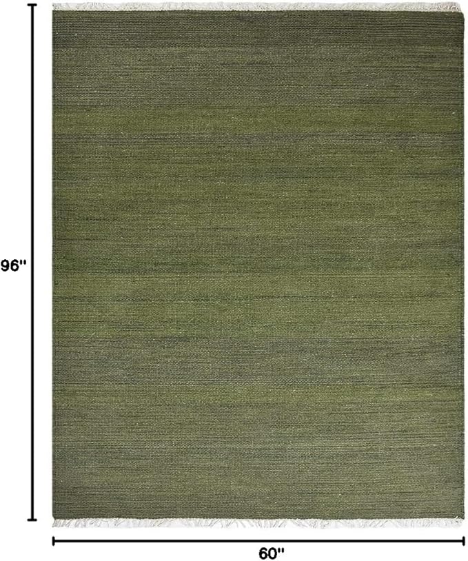 Rugsotic Carpets Hand Woven Flat Weave Kilim Wool ECO-Friendly Area Rugs - 5'x8', Rectangle Shape, Olive Color, Solid Plain Design, Low Pile Handmade Area Rugs for Living Room, Bed Room (D00111)