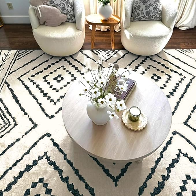 Area Rug 3x5 Rug Machine Washable Non-Slip Low Pile Print Pattern Western Rug for Living Room Bedroom Entryway Tribal Series -Navywhite/Black