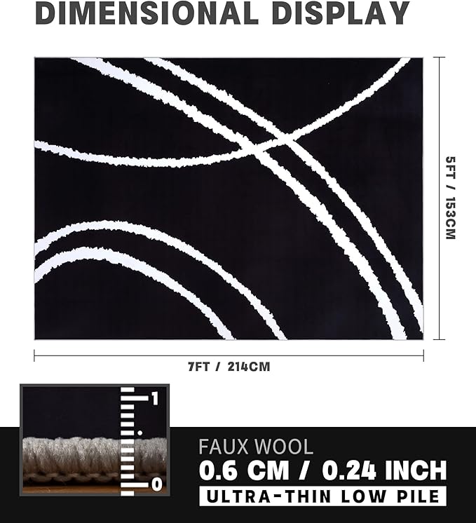 YIHOUSE Black Modern Area Rug 5x7,Abstract Rugs for Bedroom,Minimalist Striped Rug,Black and White Geometric Rug,Dark Washable Area Rugs 5x7 Non Slip Throw Rugs for Bedroom，Office