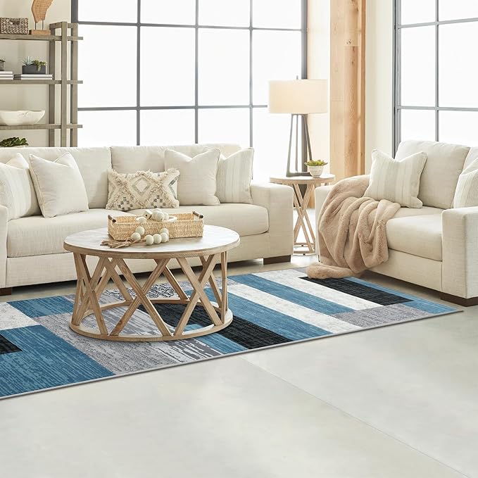 Indoor Runner Rug, Washable Runner Rug with Rubber Backing, Modern Geometric Patchwork Aesthetic Carpet for Bedroom, Living Room, Hallway, Entryway, Washable Rug Rockwood Collection, 2x6 Ft Blue