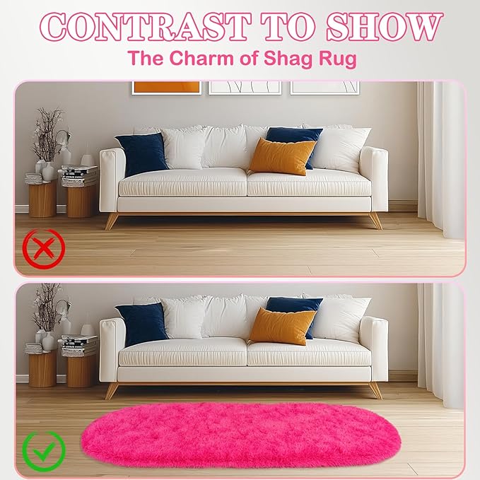 Soft Fluffy Area Rug for Bedroom, Hot Pink Fuzzy Shaggy Oval Throw Rugs for Bedside, Non-Slip Cozy Plush Shag Carpet for Girls Kids Room Nursery Dorm Living Room, 2.6 x 5.3 Feet