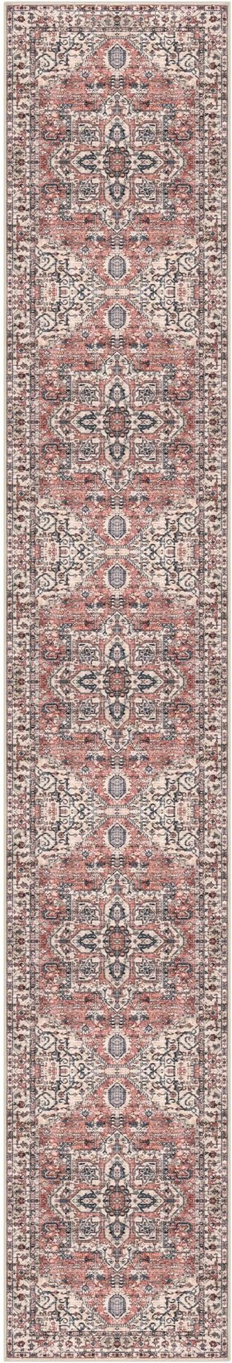 KOZYFLY Runners for Hallways 2x12 Ft Extra Long Washable Kitchen Runner Rug Boho Entryway Rug for Hallways Indoor Printed Faux Wool Stair Runner Carpet for Stairs Kitchen Hall, Terracotta/Beige