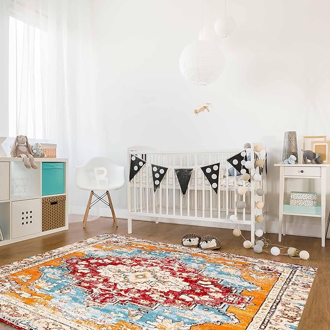 Bohemian Pattern Rectangular Area Rugs for Living Room Bedroom 3 x 5 ft Red & Orange Abstract Non-Shedding Soft Low Pile Rug Non Slip Washable Rug for Nursery Entryway Playroom