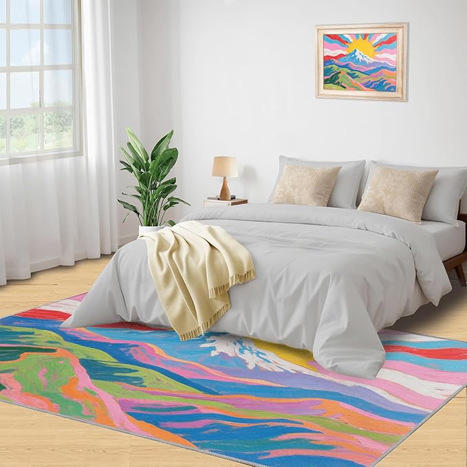 Boho Sun Area Rugs 5x8ft, Watercolor Mountain Living Room Carpet, Abstraction Deco Decorative Carpet Protect Floor for Bedroom Men Office Hardwood Floors