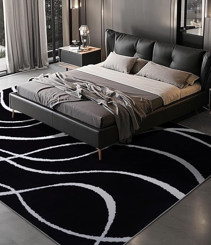 YIHOUSE Black Modern Area Rug 6x9,Abstract Rugs for Bedroom,Black and White Geometric Rug,Minimalist Striped Rug,Dark Washable Area Rugs 5x7 Non Slip Rugs for Living Room，Office
