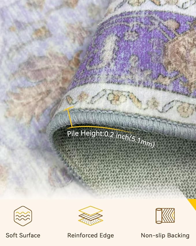 Area Rugs 6'x9' Washable Non-Slip, Floral Vintage Distress Print Pattern Medallion Carpet for Living Room Bedroom Dining Room, Light Purple Brown