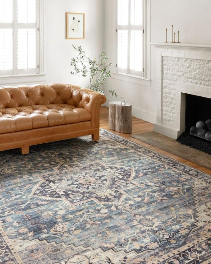 Loloi Hathaway Collection HTH-01 Navy/Multi 7'-6" x 9'-6", .25" Thick Area Rug, Soft, Durable, Printed, Modern, Low Pile, Non-Shedding, Easy Clean, Living Room Rug