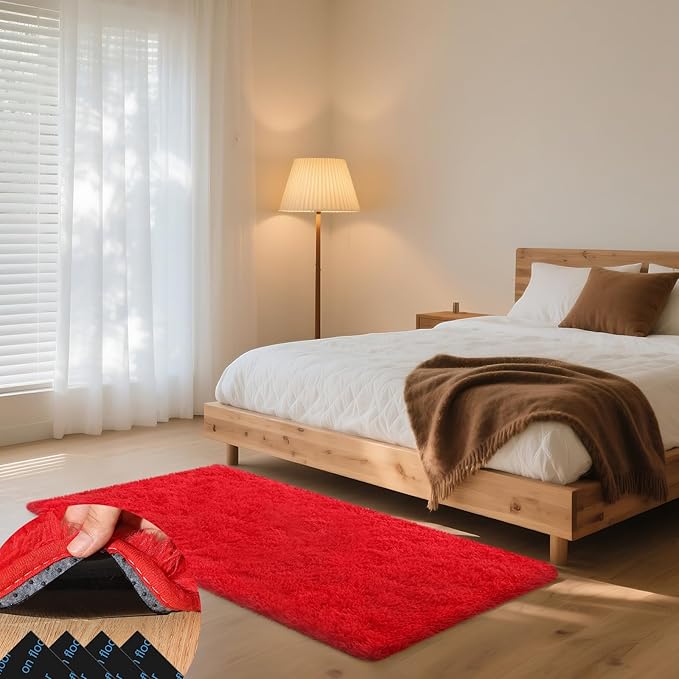 3x5 Red Rug for Bedroom Living Room, Fluffy Small Area Rug Soft Shag Carpet for Kids Boys and Girls Room with 4 Rugs Non-Slip Stickers Dorm Home Decor (3ft x 5ft)