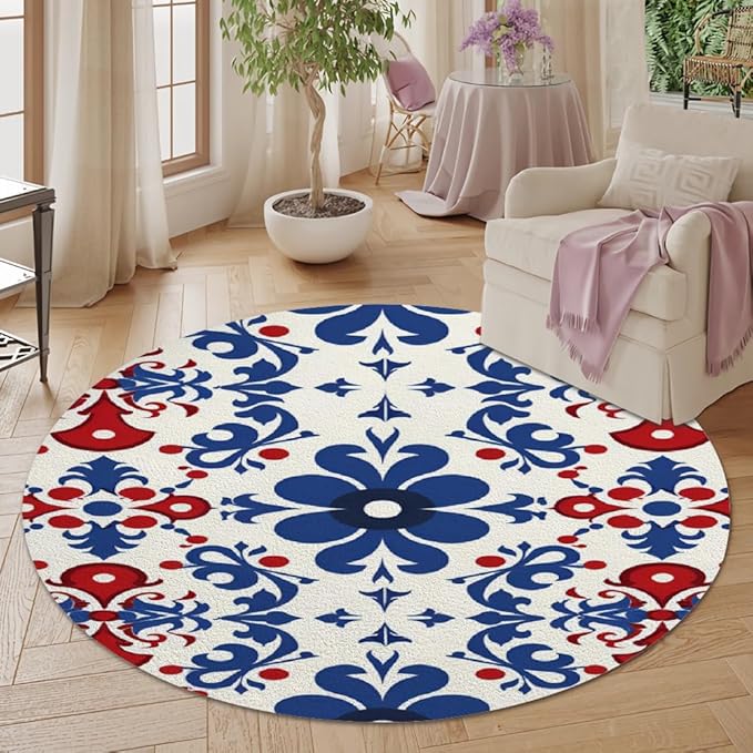 Vintage Blue Flowers Washable Round Rugs Oriental Tribal Floral Circle Rugs for Living Room Entryway Round Area Rug Soft Non Slip Nursery Carpet for Bedroom Dining Coffee Table 5ft