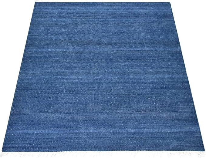 Rugsotic Carpets Hand Woven Flat Weave Kilim Wool ECO-Friendly Area Rugs - 3'x5', Rectangle Shape, Blue Color, Solid Plain Design, Low Pile Handmade Area Rugs for Living Room, Bed Room (D00111)