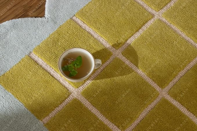 Checkered Wool Area Rug with Scalloped Border, Chartreuse Green & Cream Grid, Hand-Tufted, Soft Cut Pile, Modern Cottagecore Living Room, Bedroom & Nursery Carpet - 6x6 Ft (Round)