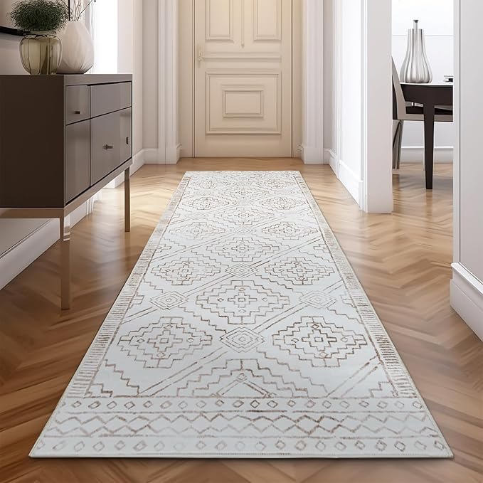 jinchan Hallway Runner Rug 3x8 - Moroccan Kitchen Machine Washable Runner Rug Modern Geometric Soft Faux Wool Ultra-Thin Low-Pile Non-Slip Carpet for Laundry Room Bedroom Farmhouse (3x8ft, Taupe)