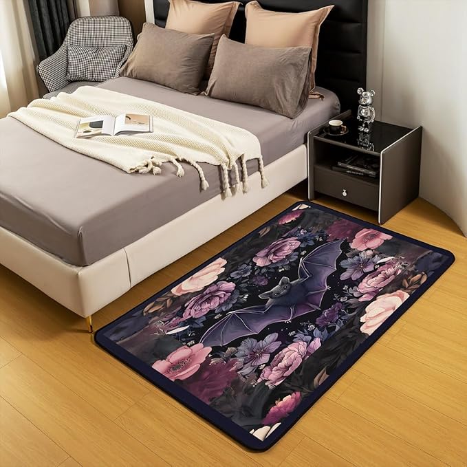 Black Floral Bat 3x5 Area Rug Halloween Bats Rugs for Living Room | Boho Flowers Washable Rug, Romantic Plant Gothic Carpet Indoor Floor Mat